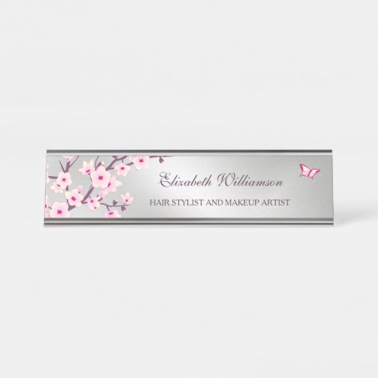 フローラさくらんぼブロッサムピンクグレーサロン デスクネームプレート (正面)