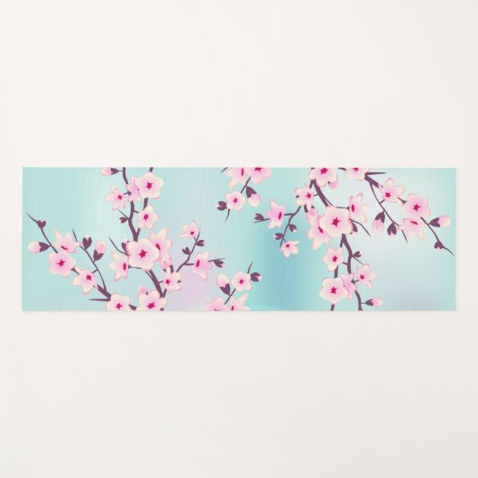 フローラさくらんぼブロッサムピンクターコイズ ヨガマット (正面(横))
