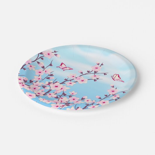 フローラさくらんぼブロッサムピンクブルー ペーパープレート (アングル)
