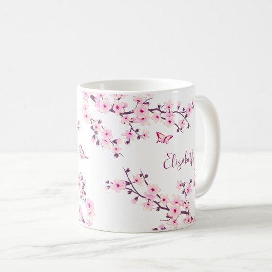 フローラさくらんぼブロッサムモノグラムピンクホワイト コーヒーマグカップ (正面右)