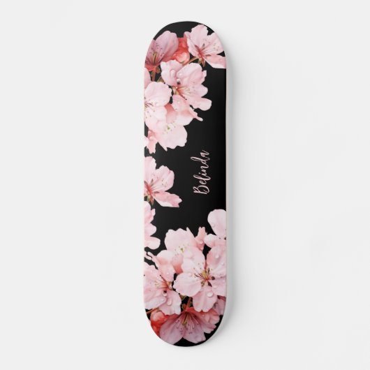 フローラさくらんぼブロッサムモノグラムブラックピンクガーリー スケートボード (正面)