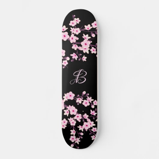 フローラさくらんぼブロッサムモノグラムブラックピンク スケートボード (正面)