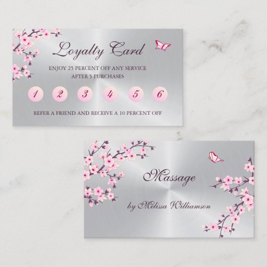 フローラさくらんぼブロッサムロイヤリティカードピンクシルバー 名刺 (正面/裏面)
