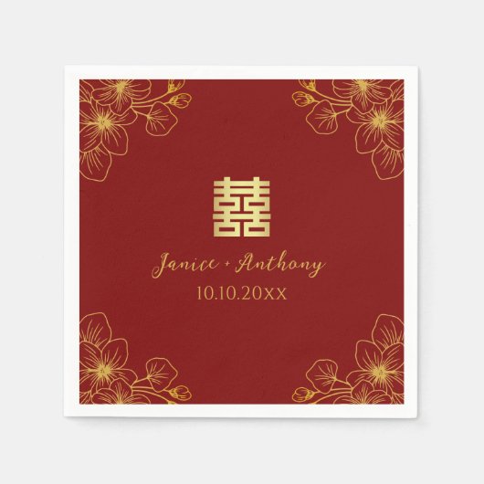 フローラさくらんぼ中国の結婚の赤 スタンダードカクテルナプキン (正面)