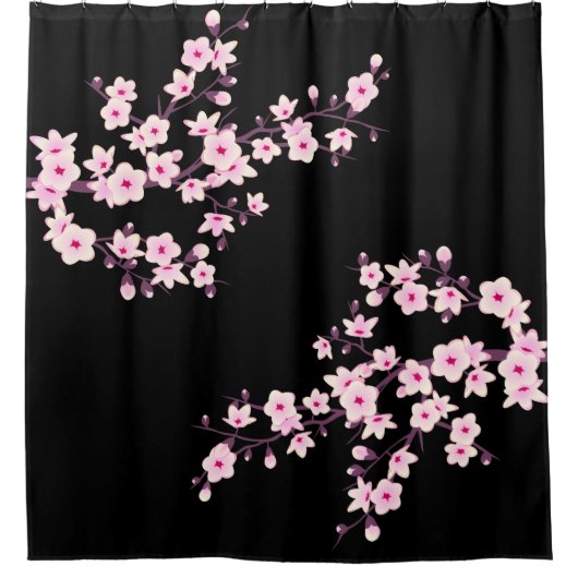 フローラさくらんぼ咲きピンクブラック シャワーカーテン (正面)