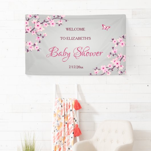 フローラさくらんぼ咲きピンク灰色の赤ちゃんシャワー 横断幕 (インサイチュ)