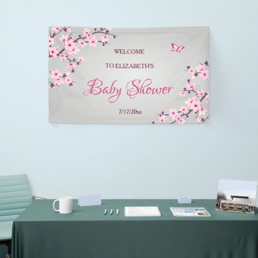 フローラさくらんぼ咲きピンク灰色の赤ちゃんシャワー 横断幕 (トレードショー)