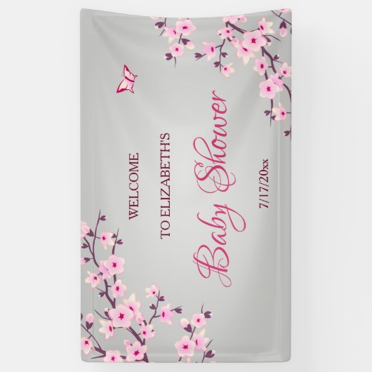 フローラさくらんぼ咲きピンク灰色の赤ちゃんシャワー 横断幕 (縦)