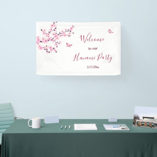 フローラさくらんぼ咲きピンク白パーソナライズ 横断幕 (トレードショー)