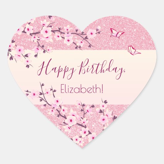 フローラさくらんぼ花ズピンクグリッター ハートシール (正面)