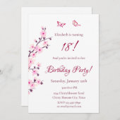 フローラさくらんぼ花ズピンク誕生日 招待状 (正面/裏面)