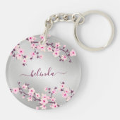 フローラさくらんぼ花ピンクシルバーモノグラム キーホルダー (裏面)