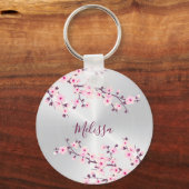フローラさくらんぼ花ピンクシルバー キーホルダー (正面)