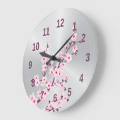 フローラさくらんぼ花ピンクシルバー ラージ壁時計 (傾斜)