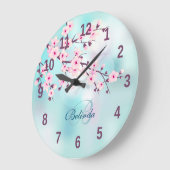 フローラさくらんぼ花ピンクターコイズ追加の名前 ラージ壁時計 (傾斜)