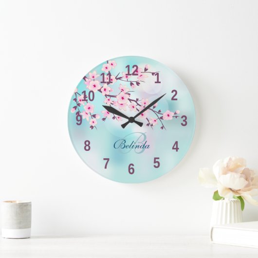 フローラさくらんぼ花ピンクターコイズ追加の名前 ラージ壁時計 (ホーム)