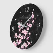 フローラさくらんぼ花ピンクブラックマーブル ラージ壁時計 (傾斜)