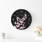 フローラさくらんぼ花ピンクブラックマーブル ラージ壁時計 (ホーム)