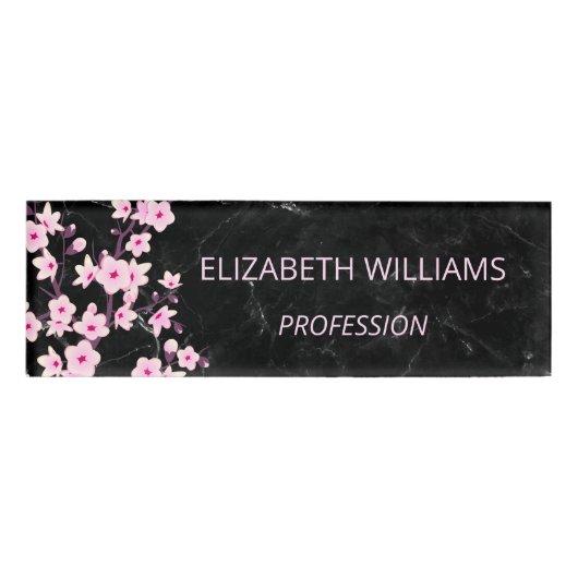 フローラさくらんぼ花ピンクブラックマーブル 名札 (正面)