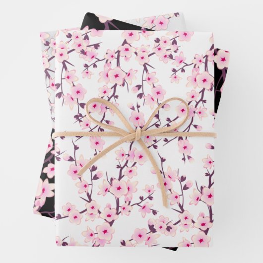フローラさくらんぼ花ピンクホワイトブラックグレー ラッピングペーパーシート (インサイチュ)