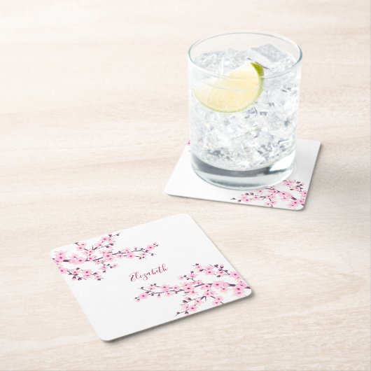 フローラさくらんぼ花ピンクホワイトモノグラム スクエアペーパーコースター (インサイチュ)