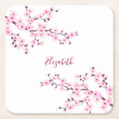 フローラさくらんぼ花ピンクホワイトモノグラム スクエアペーパーコースター (正面)
