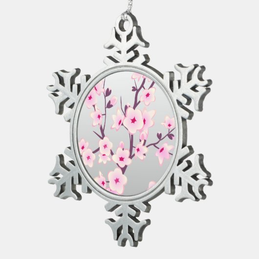 フローラさくらんぼ花ピンク灰色 スノーフレークピューターオーナメント (右)