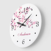 フローラさくらんぼ花ピンク白ファミリー名 ラージ壁時計 (傾斜)