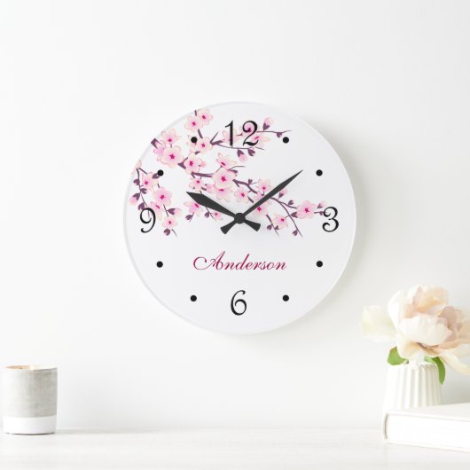 フローラさくらんぼ花ピンク白ファミリー名 ラージ壁時計 (ホーム)