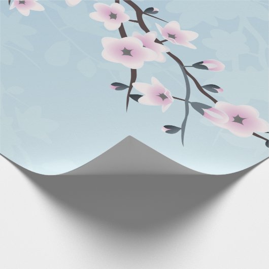 フローラさくらんぼ花塵ピンク淡い色のブルー ラッピングペーパー (角)