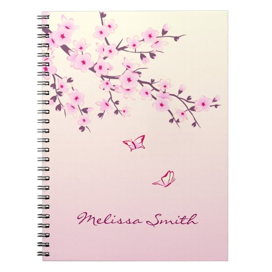 フローラさくらんぼBlossom Monogram名前と年を追加 ノートブック (正面)