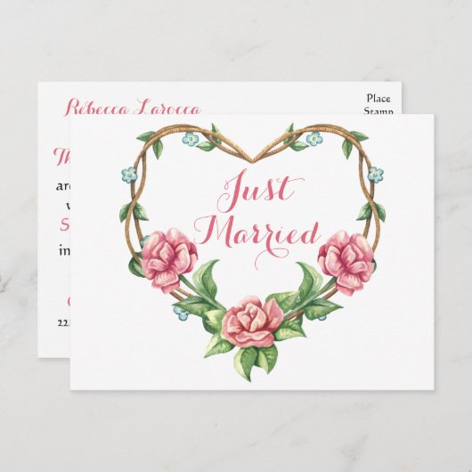 フローラたった今結婚しましたウオーターカラーピンクローズ結婚ズ 案内ポストカード (正面/裏面)