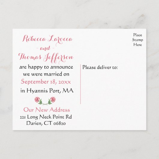 フローラたった今結婚しましたウオーターカラーピンクローズ結婚ズ 案内ポストカード (裏面)