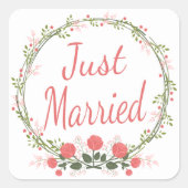 フローラたった今結婚しましたバラピンクレッドフラワー結婚ズ スクエアシール (正面)
