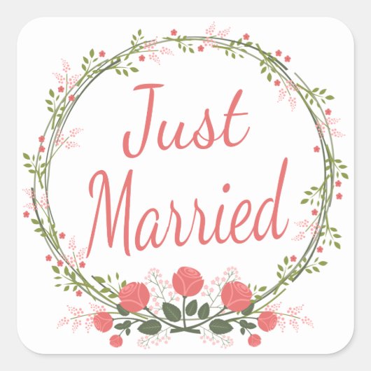 フローラたった今結婚しましたバラピンクレッドフラワー結婚ズ スクエアシール (正面)