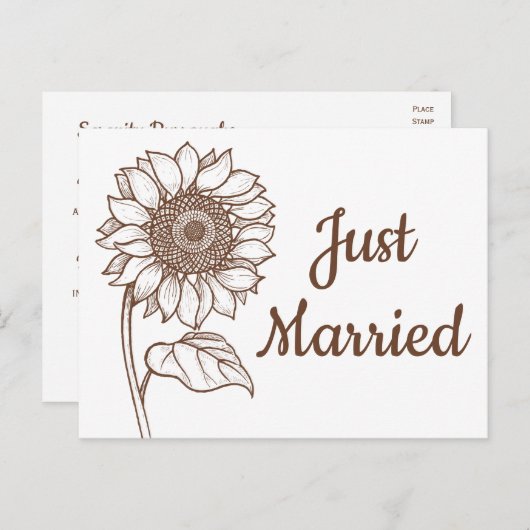 フローラたった今結婚しましたヒマワリ結婚ブラウン 案内ポストカード (正面/裏面)