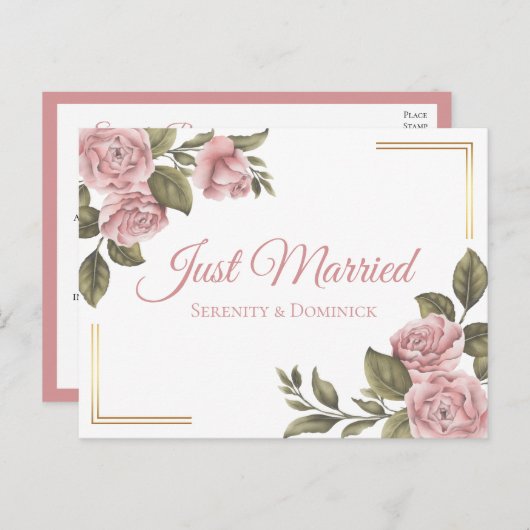 フローラたった今結婚しましたピンクペニーエレガントウェディング 案内ポストカード (正面/裏面)