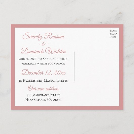 フローラたった今結婚しましたピンクペニーエレガントウェディング 案内ポストカード (裏面)