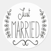 フローラたった今結婚しましたブラック&ホワイト結婚式用シール ラウンドシール (正面)