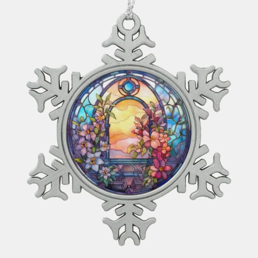 フローラでサンセットのステンドグラスを見る スノーフレークピューターオーナメント (正面)
