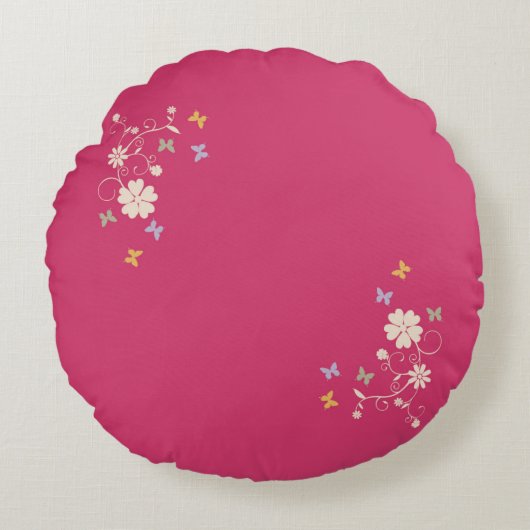 フローラとお洒落蝶のアクセントのピンク ラウンドクッション (正面)