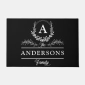 フローラとクラッシーパーソナライズされたファミリー名ブラック ドアマット (正面)