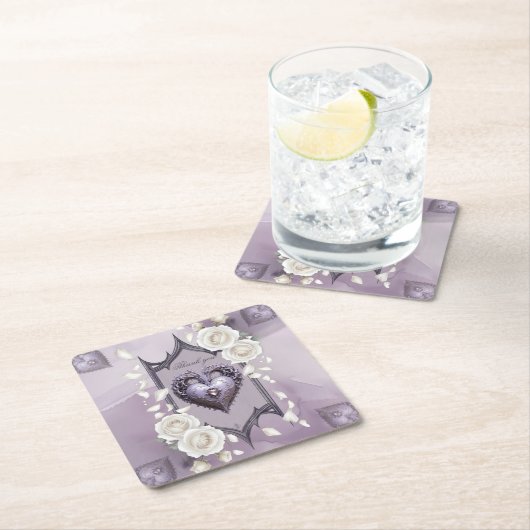 フローラとハートと白いバラのフレーム スクエアペーパーコースター (インサイチュ)