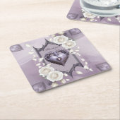 フローラとハートと白いバラのフレーム スクエアペーパーコースター (アングル)