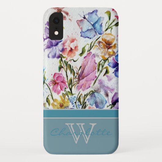 フローラとモダン蝶wティール(緑がかった色)モノグラム名 Case-Mate iPhoneケース (裏面)