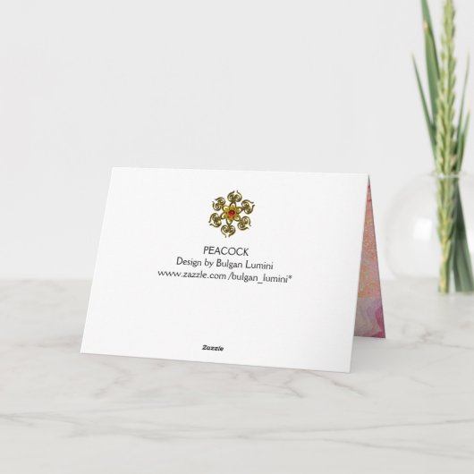 フローラと幾何学的な渦巻きを有するピンクブルーピーコック シーズンカード (裏面)