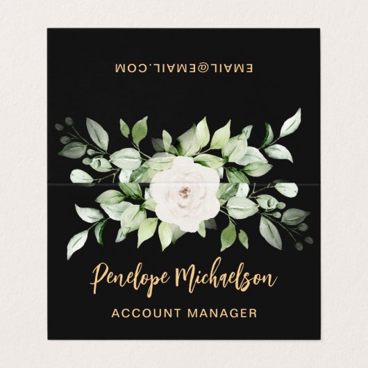 フローラと緑の金ゴールドスクリプトとQRコードブラック 名刺 (外部フラット)