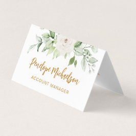 フローラと緑の金ゴールドスクリプトとQRコードホワイト 名刺