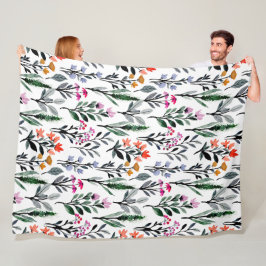 フローラと葉のアートワークトレンディーの水色の白 フリースブランケット