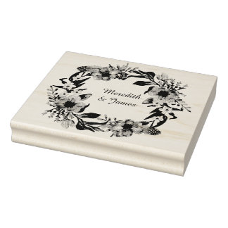 フローラと葉スプリッグのリース ラバースタンプ